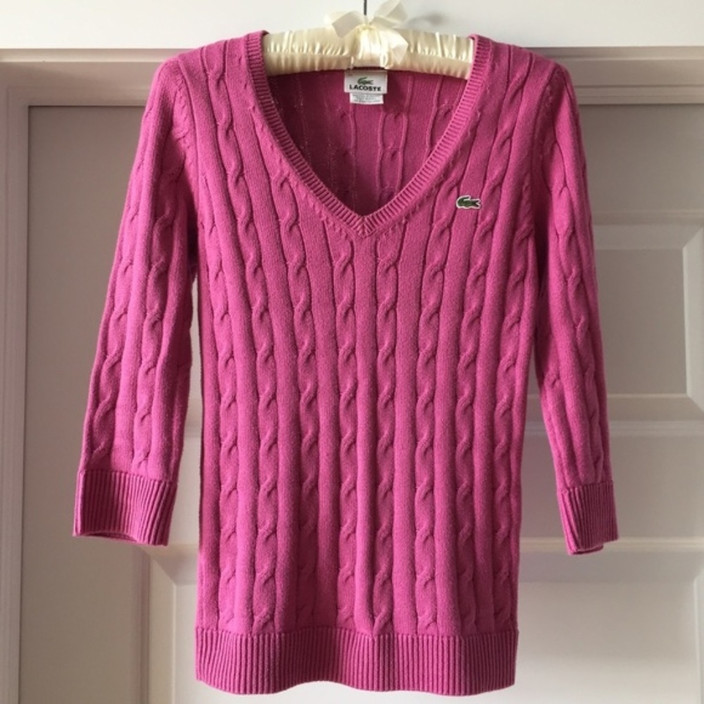 Lacoste V Neck Cable Knit Pink Sweater size 34